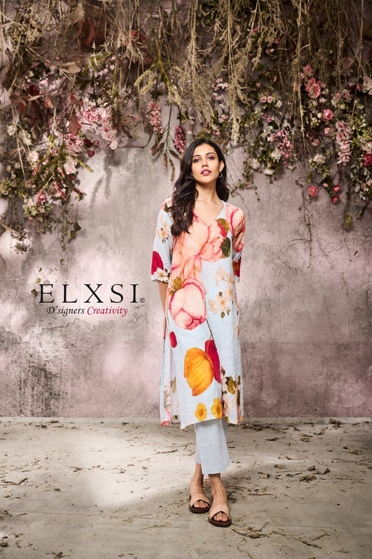 elxsi Linen Sky Blue Kurta Set