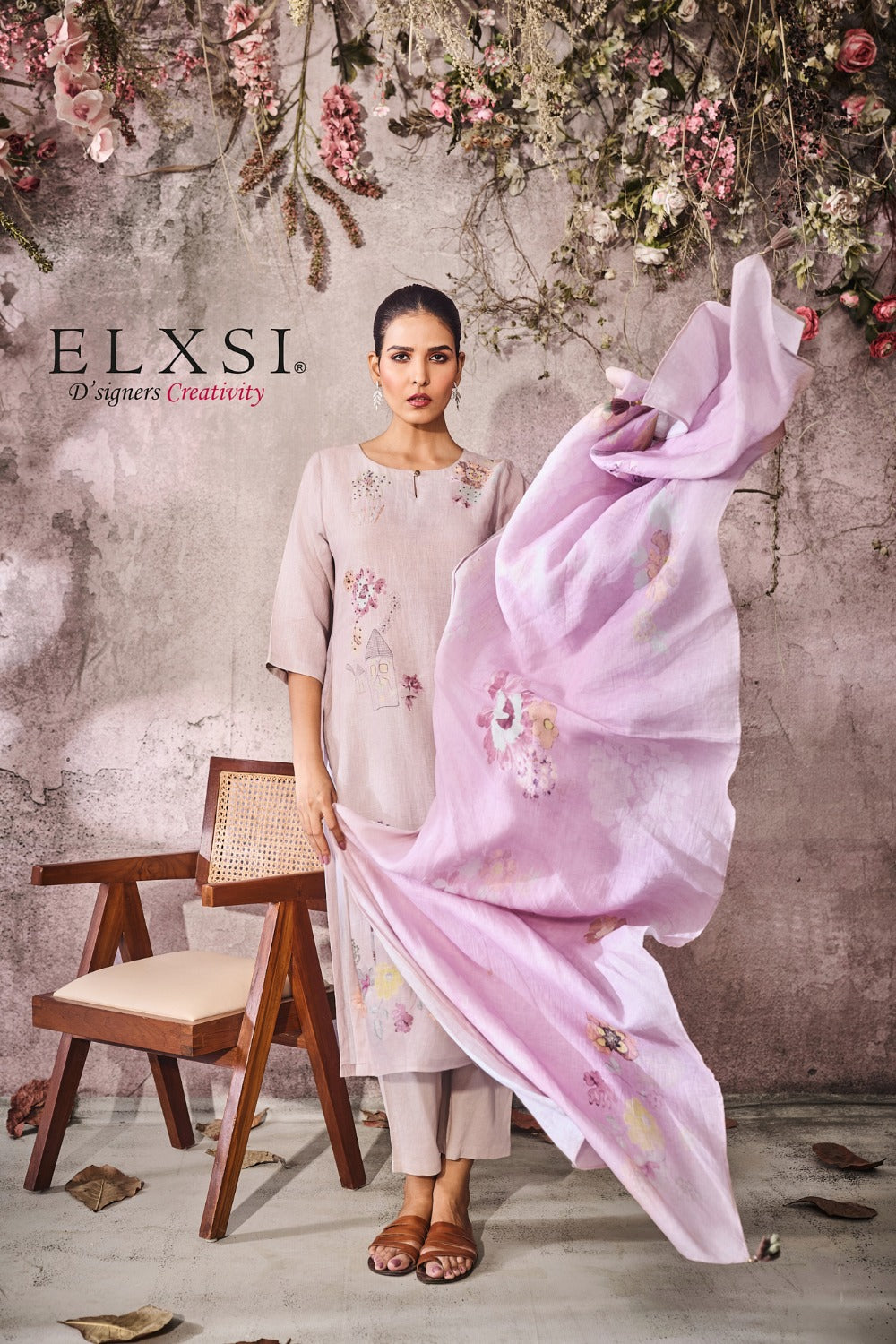 elxsi Linen Grey Dupatta Set