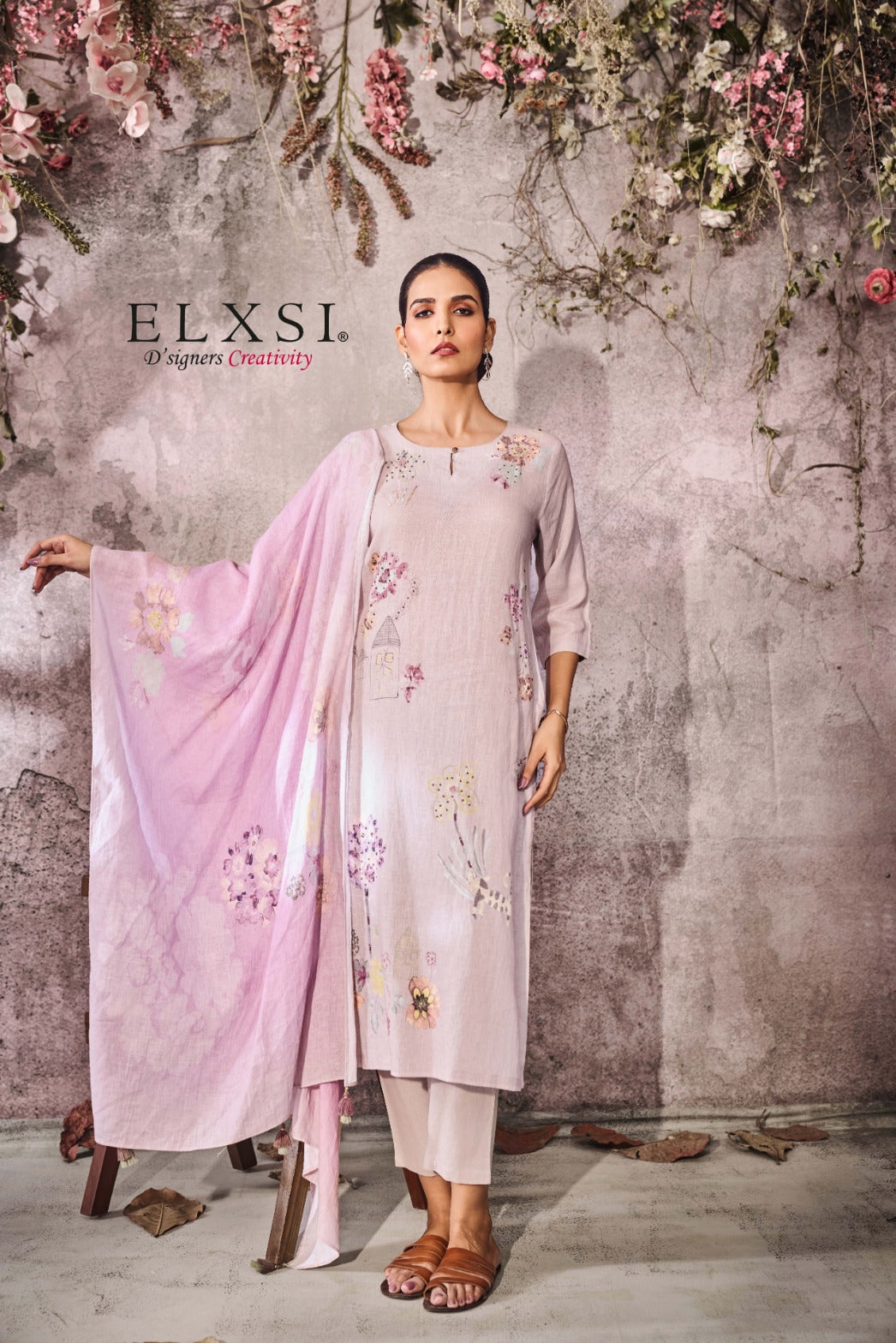 elxsi Linen Grey Dupatta Set