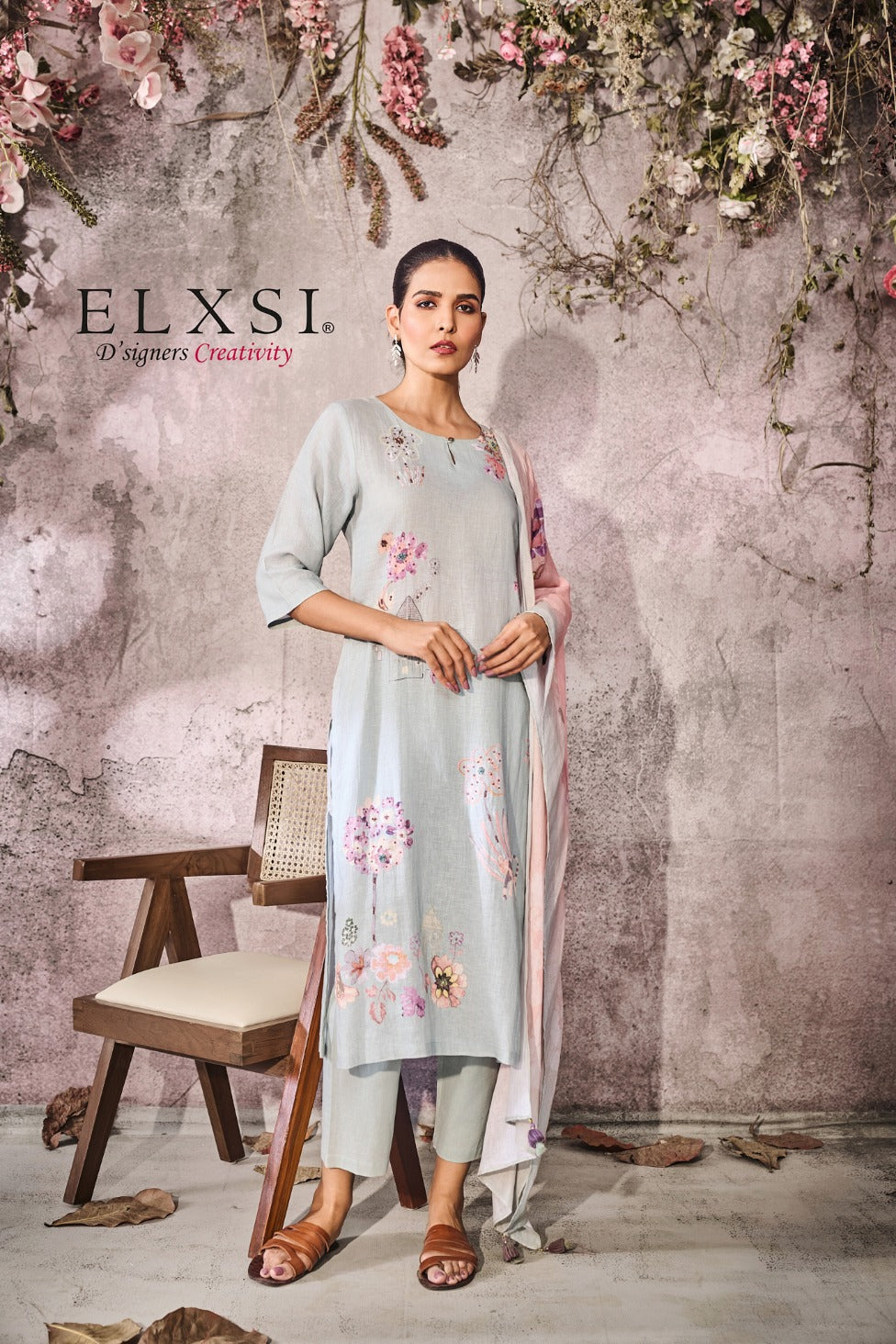 elxsi Linen Mint Dupatta Set