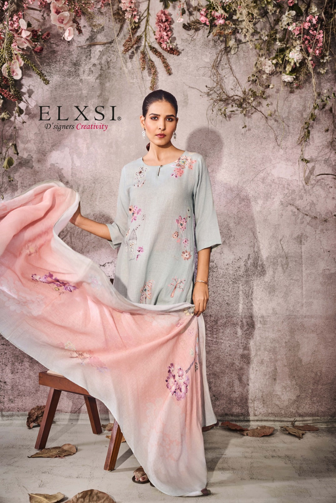 elxsi Linen Mint Dupatta Set