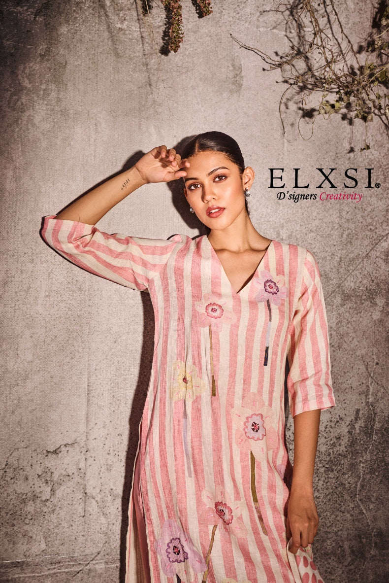 Luxury Linen straight fit V-Neck women's Dupatta set | Pink | Relaxed fit | from elxsi
