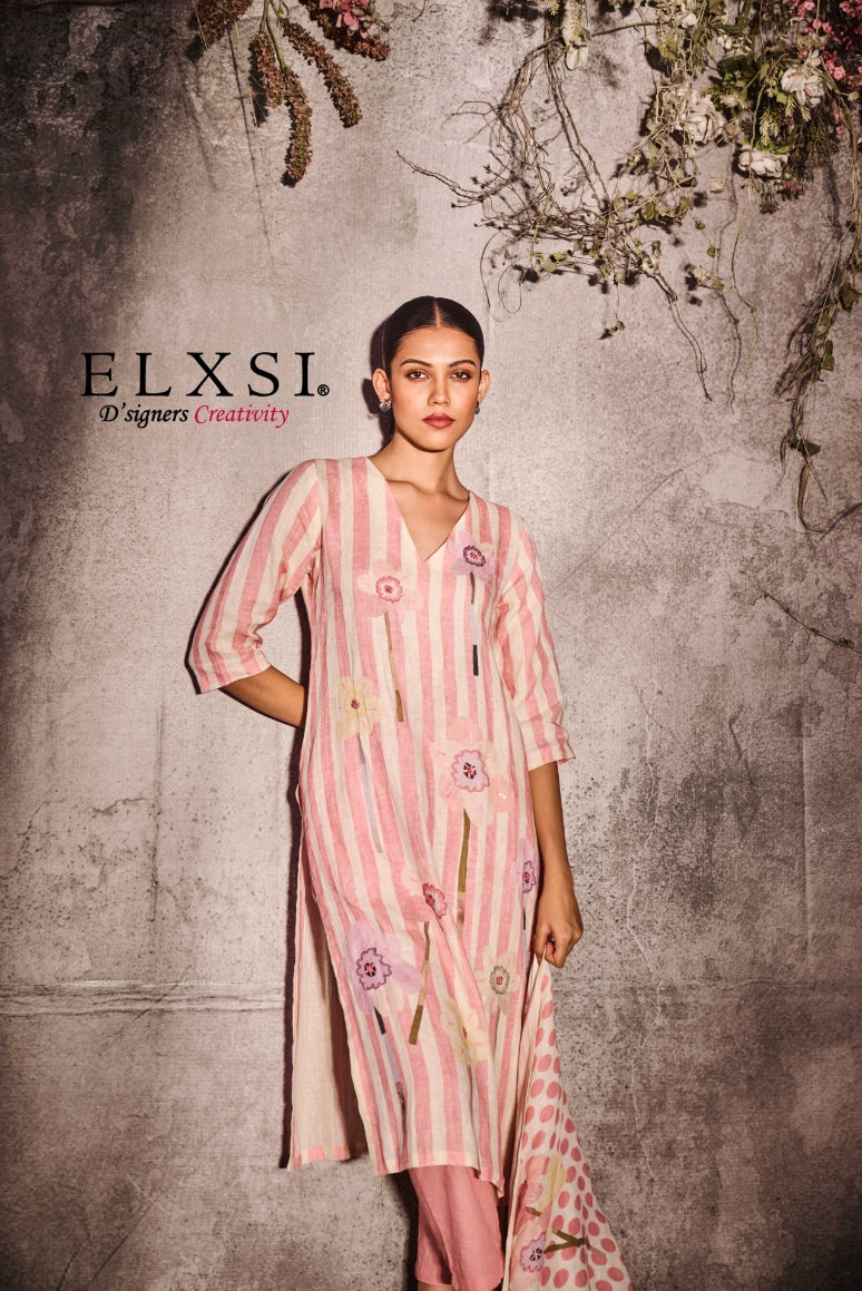 Luxury Linen straight fit V-Neck women's Dupatta set | Pink | Relaxed fit | from elxsi