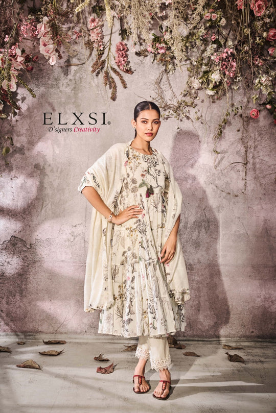 Anarkali Premium Mal Cotton Printed Dupatta Set | Cream | festive | from elxsi