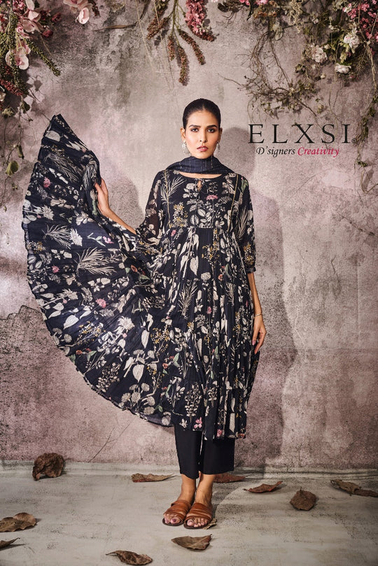 Festive-mood Anarkali floral abstract Printed Dupatta Set with bead work | Black | from elxsi