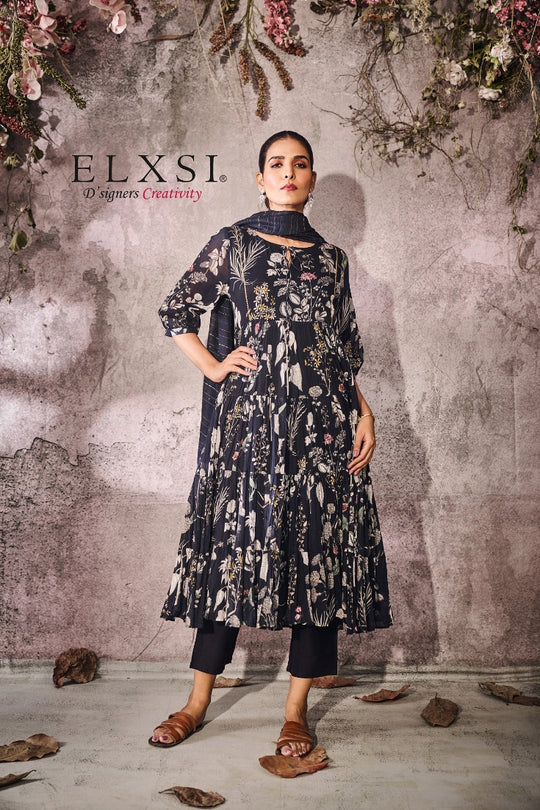 Festive-mood Anarkali floral abstract Printed Dupatta Set with bead work | Black | from elxsi