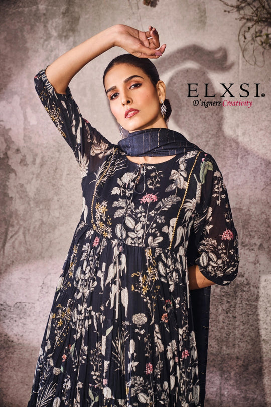 Festive-mood Anarkali floral abstract Printed Dupatta Set with bead work | Black | from elxsi