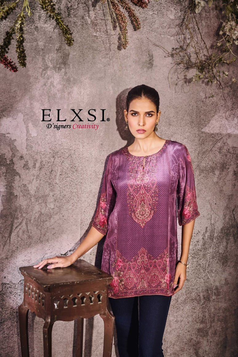 Relaxed-fit luxury printed women's Short Kurta | Purple | crepe | from elxsi