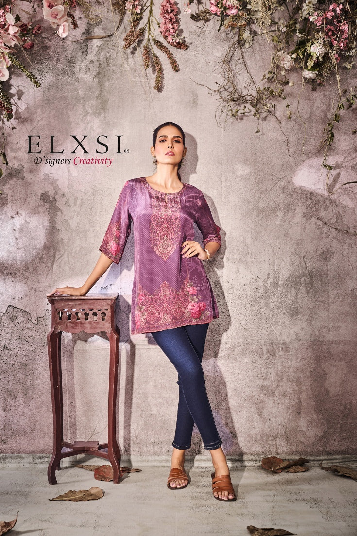 Relaxed-fit luxury printed women's Short Kurta | Purple | crepe | from elxsi