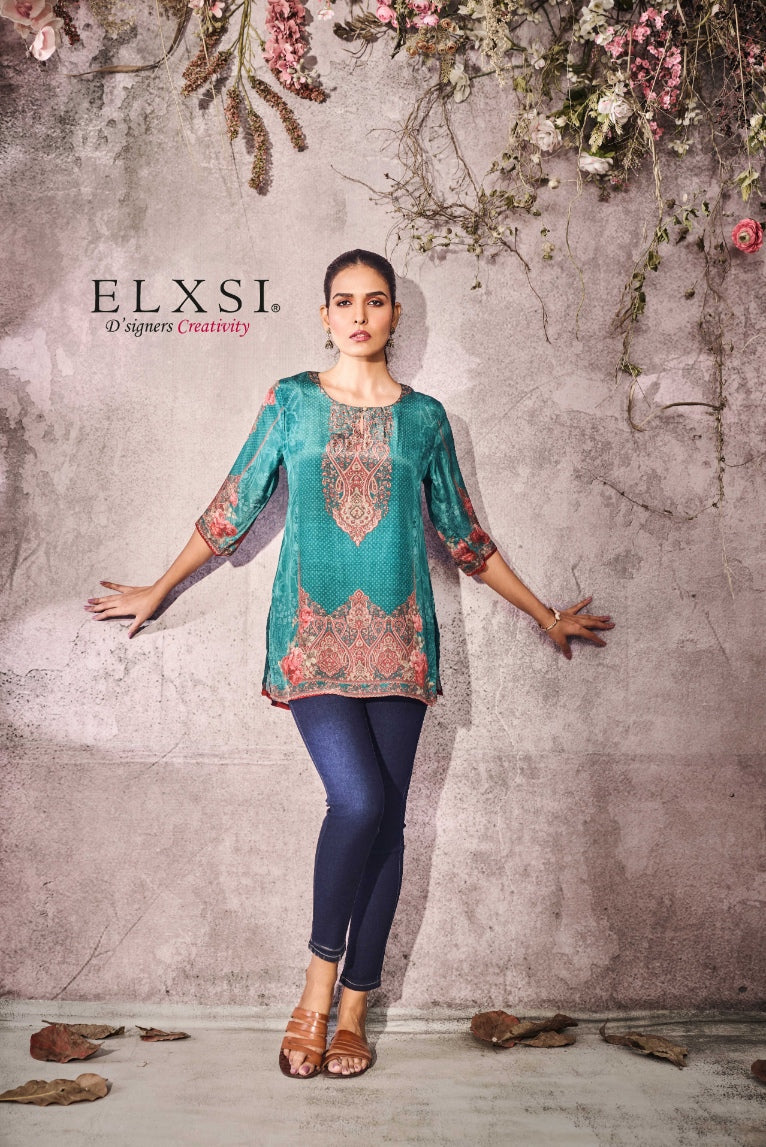 Daily wear women's printed Short Kurta with diamond work | Green | crepe | from elxsi