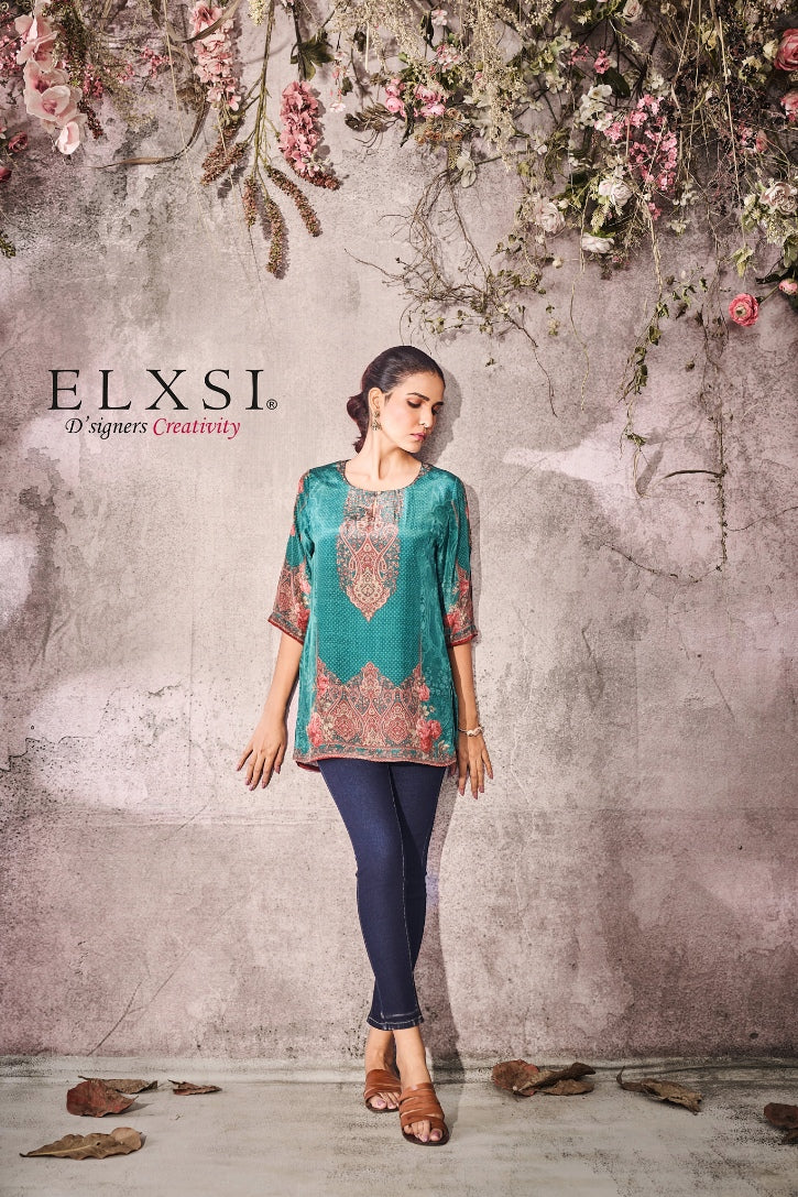 Daily wear women's printed Short Kurta with diamond work | Green | crepe | from elxsi