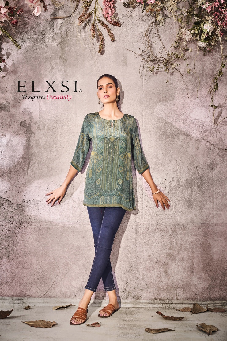 Luxury printed women's Short Kurta with diamond work | Green | crepe | from elxsi