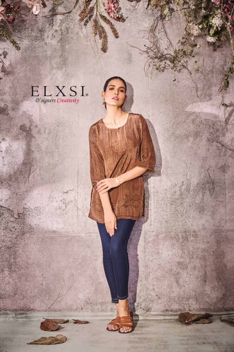Abstract women's Short Kurta & diamond work | Brown | crepe | from elxsi