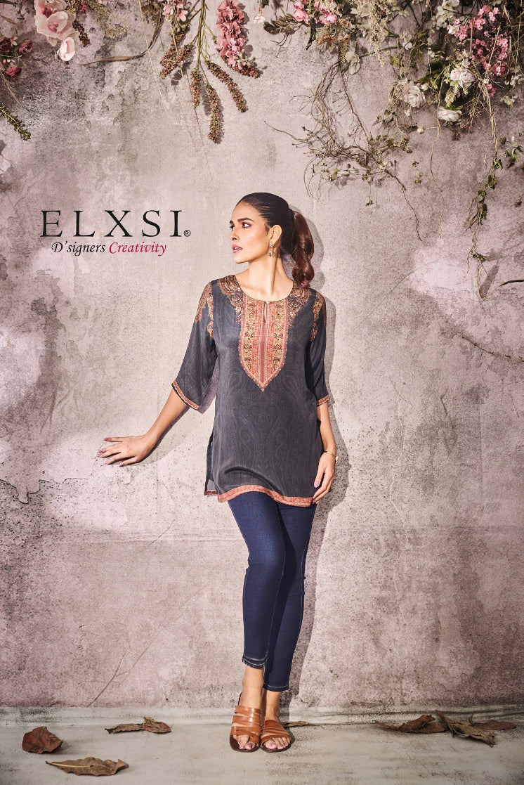 Summer soothing luxury printed women's Short Kurta | Black | crepe | from elxsi