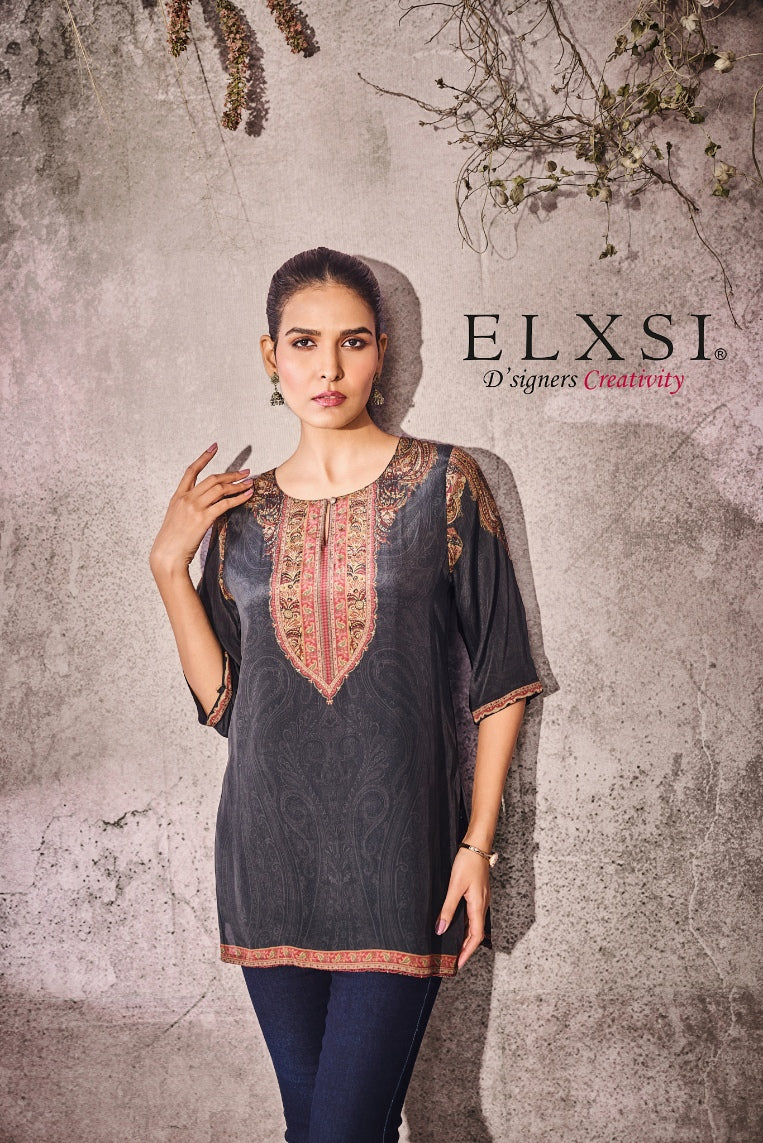 Summer soothing luxury printed women's Short Kurta | Black | crepe | from elxsi