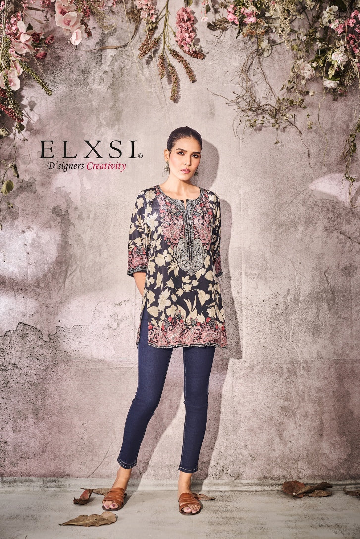Office wear women's printed Short Kurta | Black | crepe | from elxsi