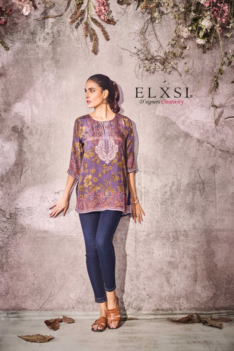 Playful Summer special luxury printed women's Short Kurta | Purple | crepe | from elxsi