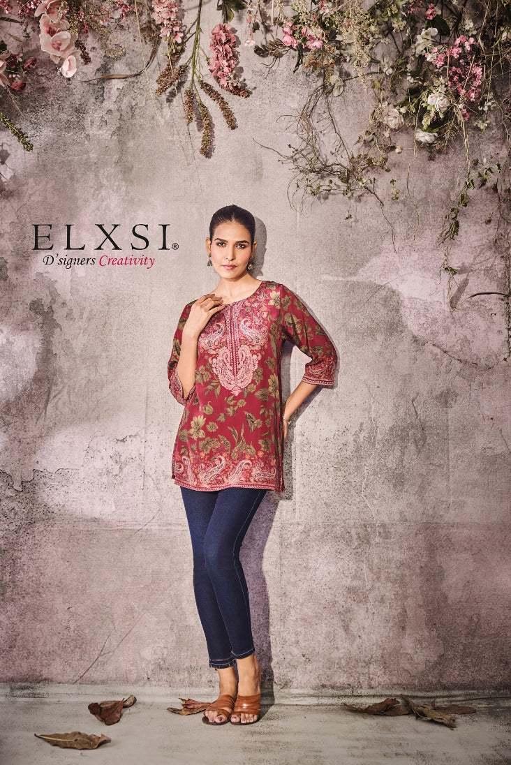 Athleisure Blend wine women's printed Short Kurta | Wine | from elxsi