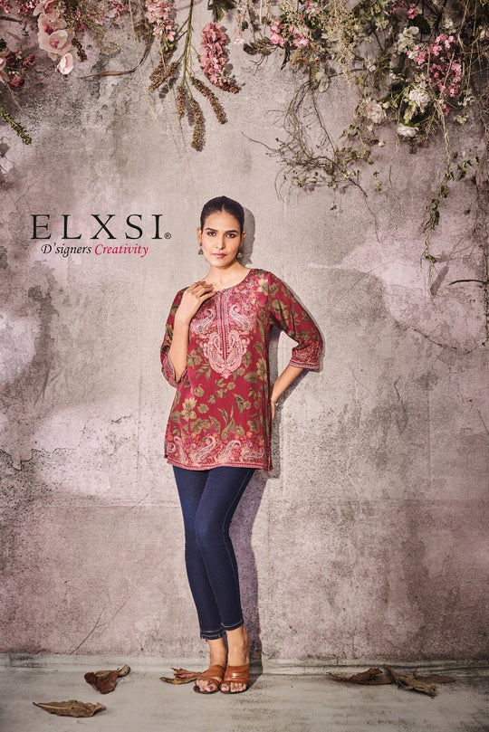 Athleisure Blend wine women's printed Short Kurta | Wine | from elxsi