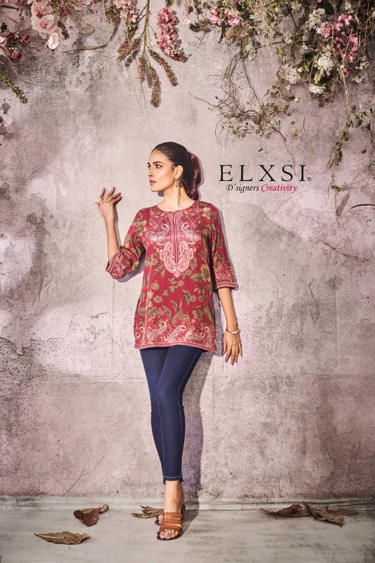 Athleisure Blend wine women's printed Short Kurta | Wine | from elxsi