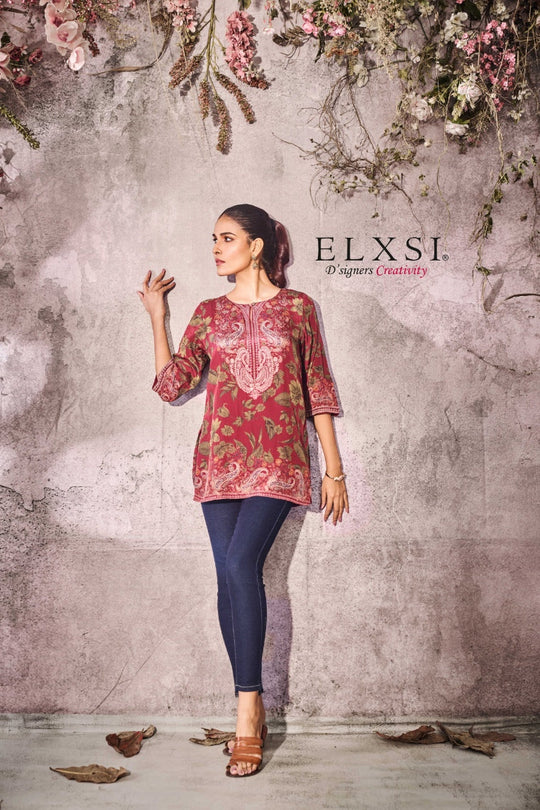 Athleisure Blend wine women's printed Short Kurta | Wine | from elxsi
