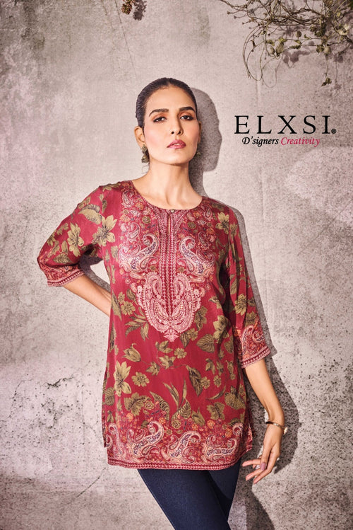 Athleisure Blend wine women's printed Short Kurta | Wine | from elxsi