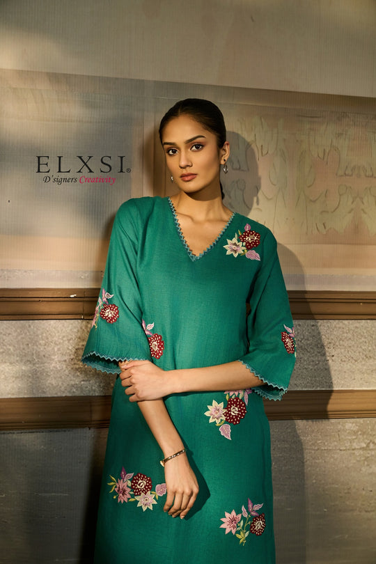 Ideal for Navratri colour days, Diwali get-togethers, and wedding functions women's Premium Green Kurta Set Elxsi